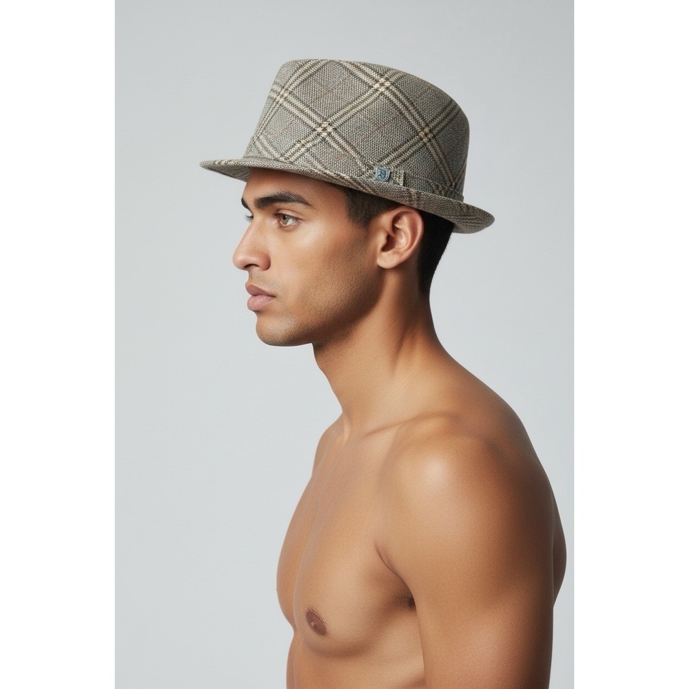 New Brixton Fedora Hat Mens Brown Plaid Trilby Crest Pin L-XL Wool